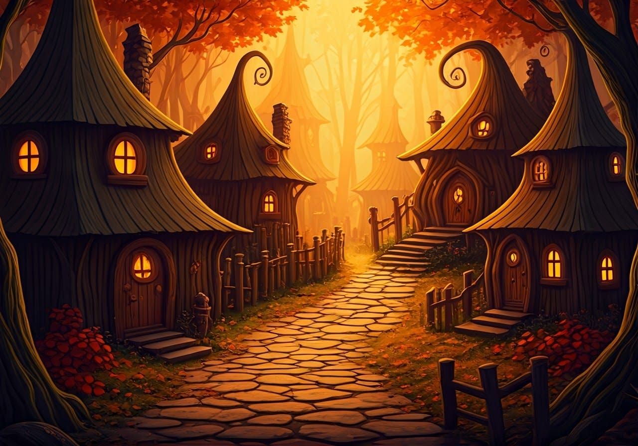 Idyllic Enchanted Sprite Village in Autumnal Splendor