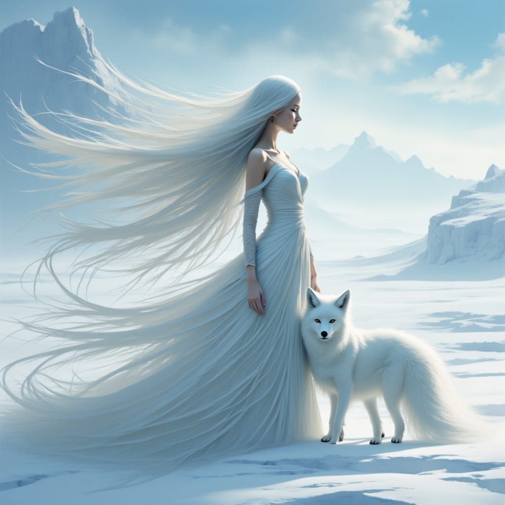 Woman and Arctic Fox on Snowy Tundra in Ethereal Style