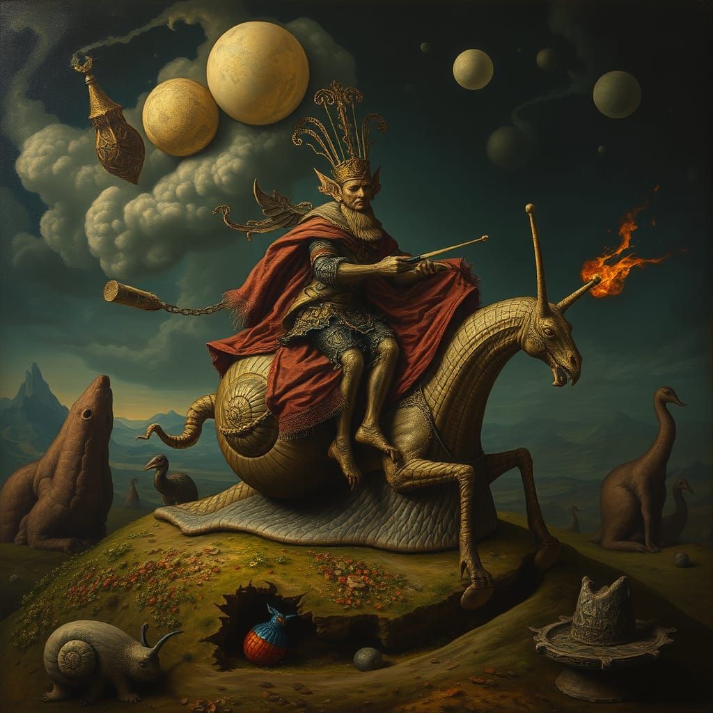Apocalyptic Snail Rider in Surrealist Style