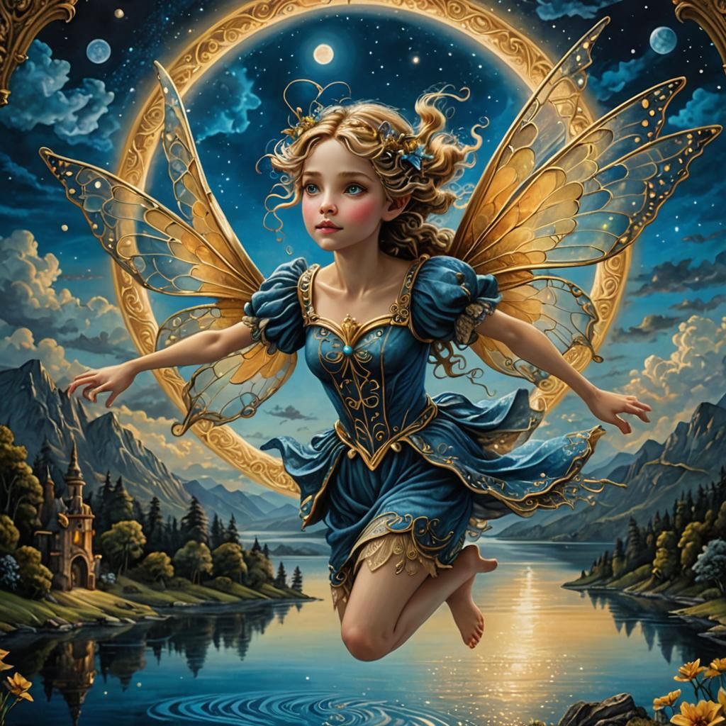 Detailed Fairy Portrait Flying Over Lake in 3D