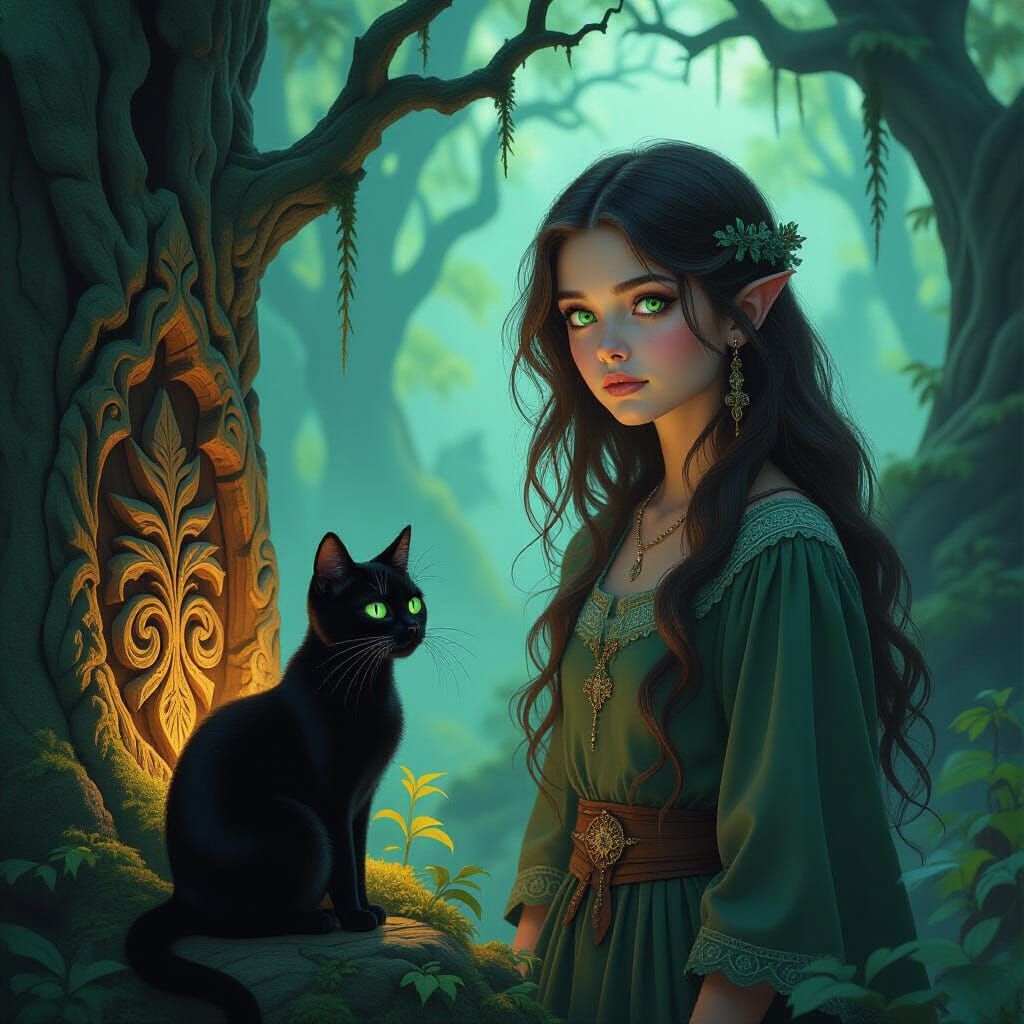 Orphaned Girl and Black Cat in Mystical Forest