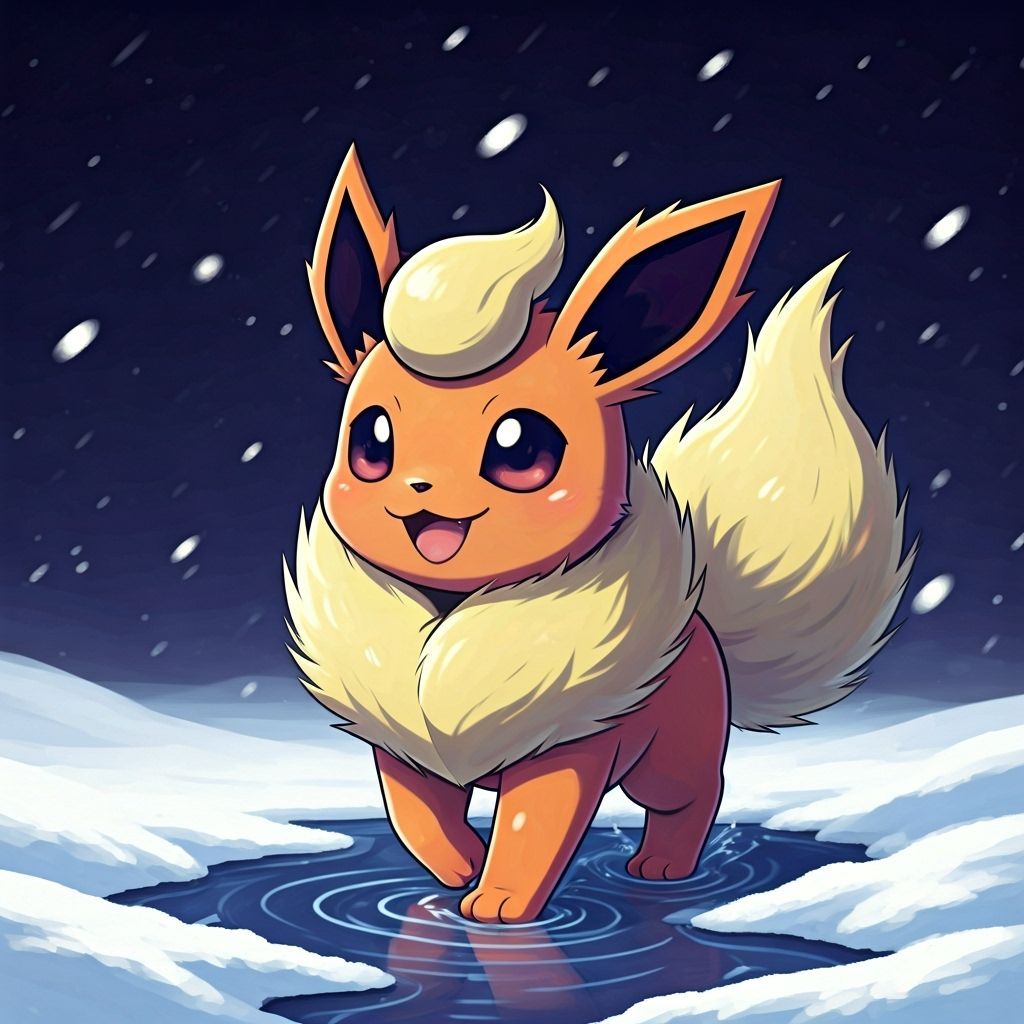 Adorable Chibi Flareon Walking in Snow as Crayon Drawing