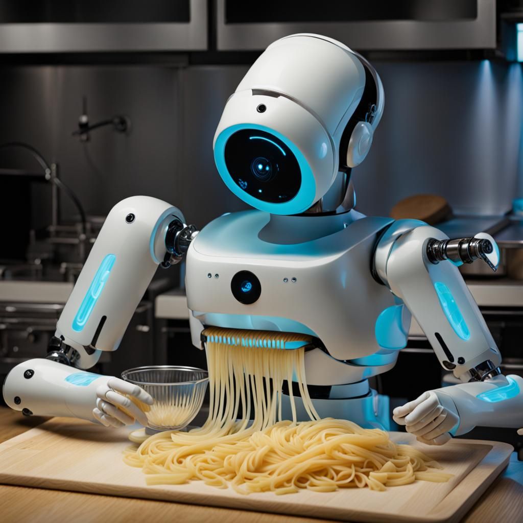 Bioluminescent Robot Chef Making Pasta