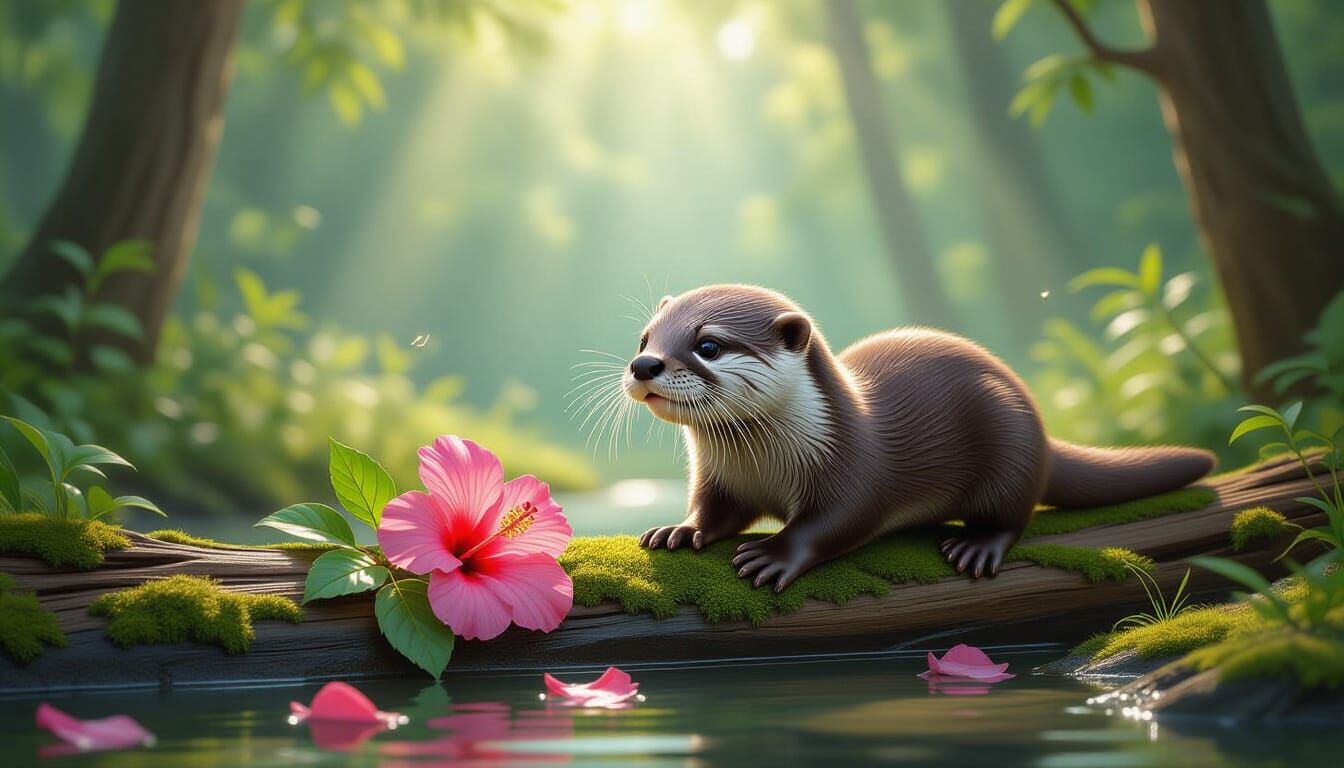 Otter Chasing Hibiscus Flower in Hyperrealistic Forest