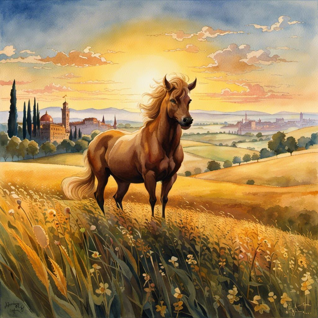 Centaur in Field: Watercolor Portrait in Hyperrealism