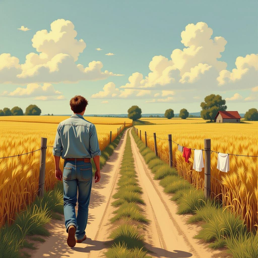 Lone Figure Walks Rustic Road in Whimsical Style