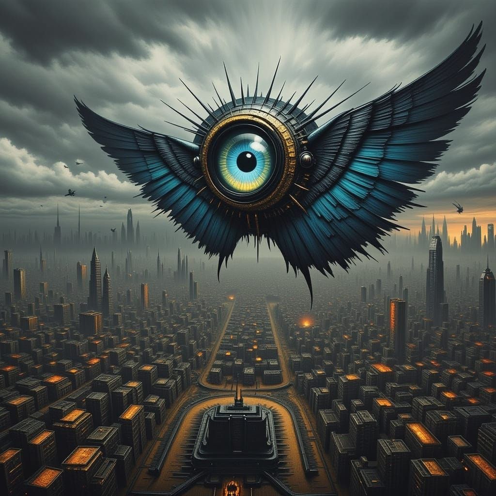 Flying Eye Over Dystopian City