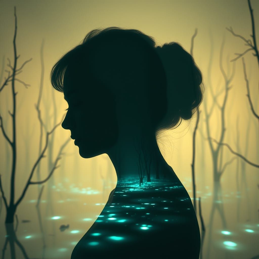 Optical Illusion of Woman Merging with Bioluminescent Swamp