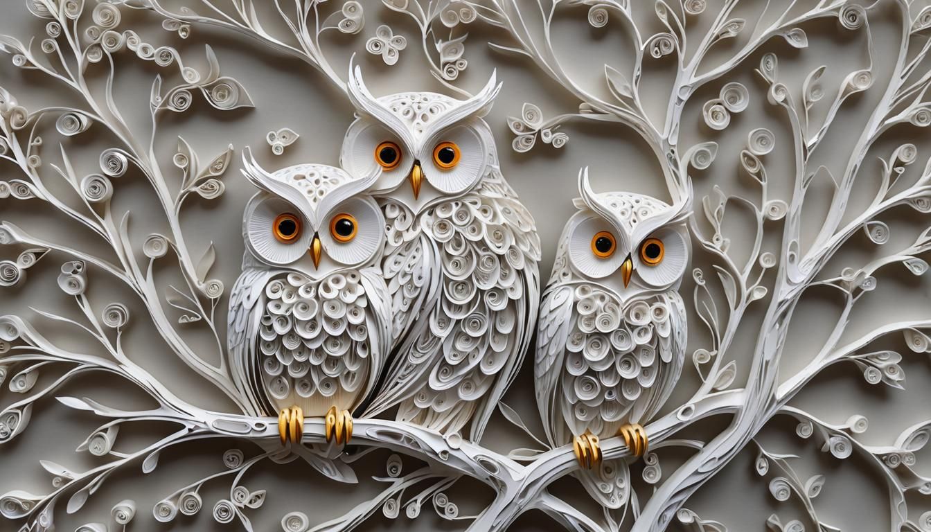 White owls  in tree, paper quilling