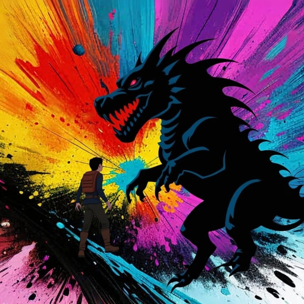 Adventurer Faces Giant Dragon in Epic Low Angle View