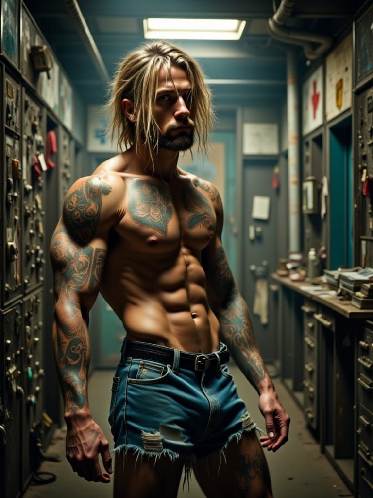 Muscular Bodybuilder in Rundown Office: Gritty Realism