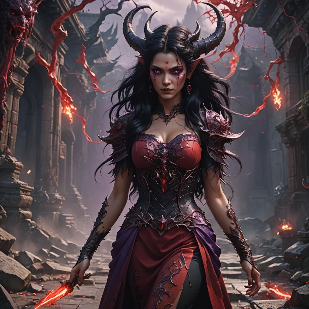 Fantasy Demon with Black Hair and Purple Eyes