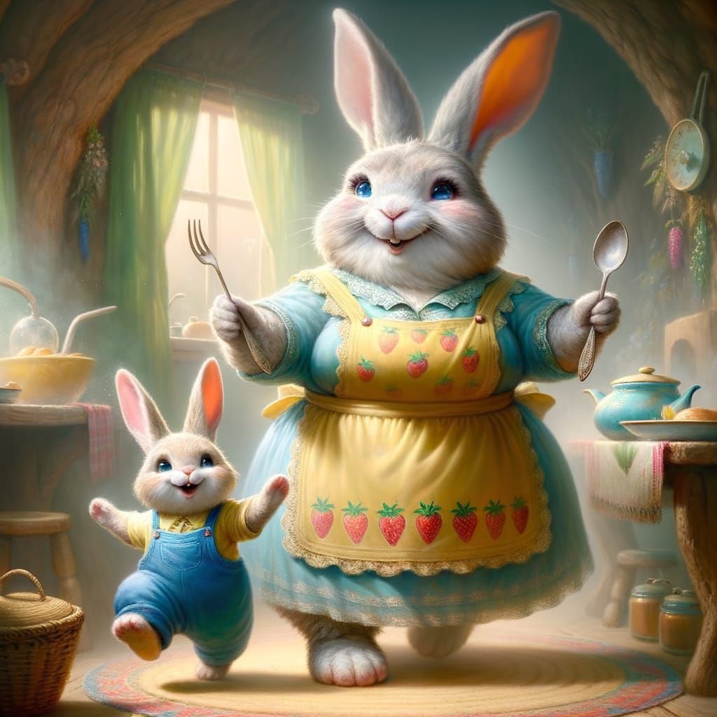 Momma Rabbit Prepares Breakfast in Cozy Home