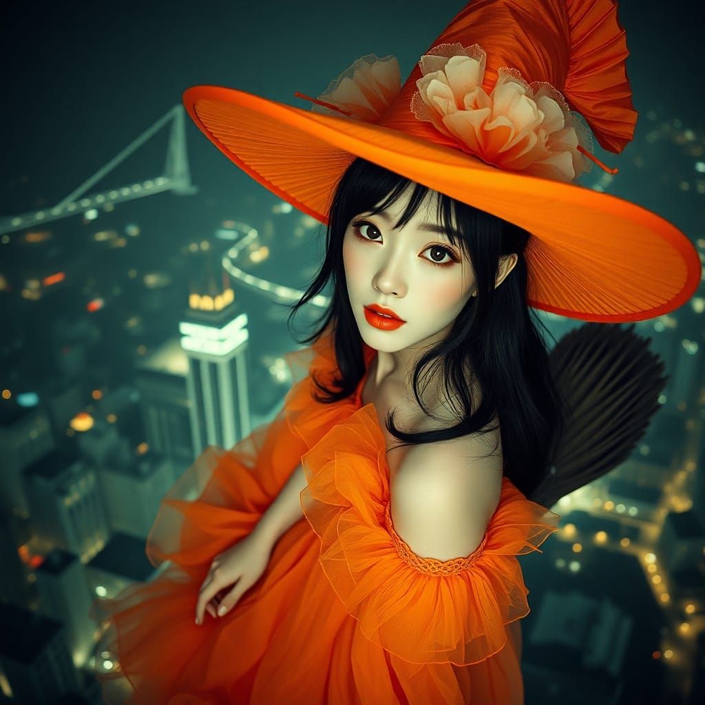 By night, riding a witch's flying-broom over the city.