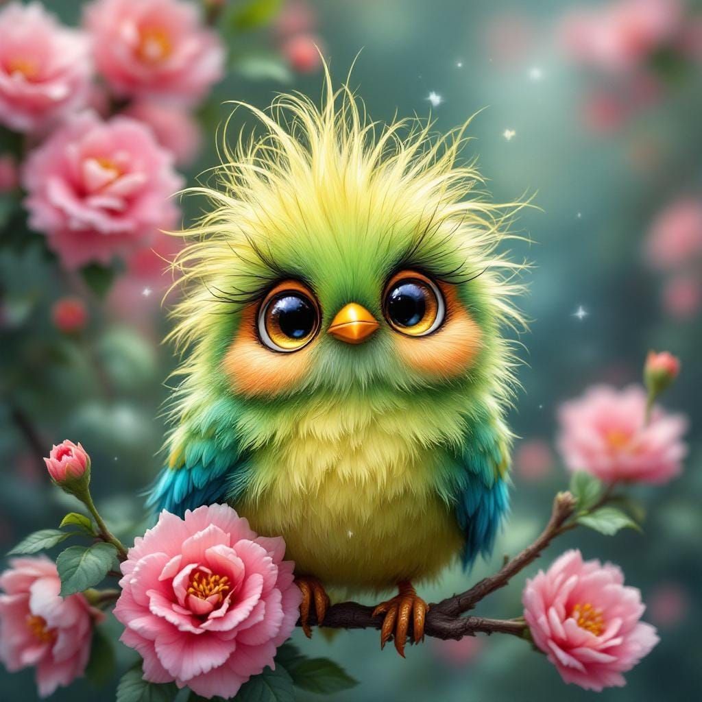 Fluffy Metallic Bird in Whimsical Watercolor Style