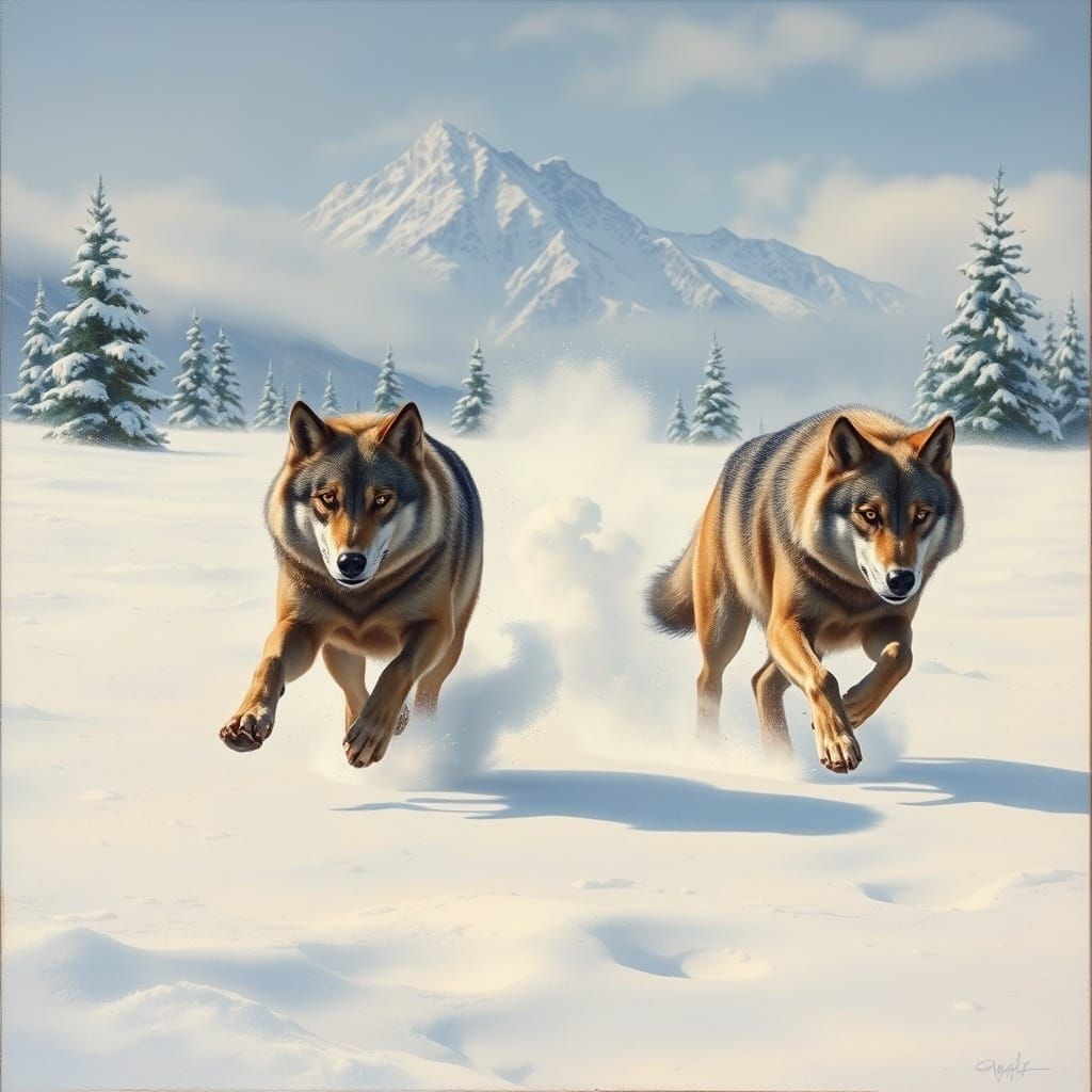 Wolves in a Snowy Mountain Landscape