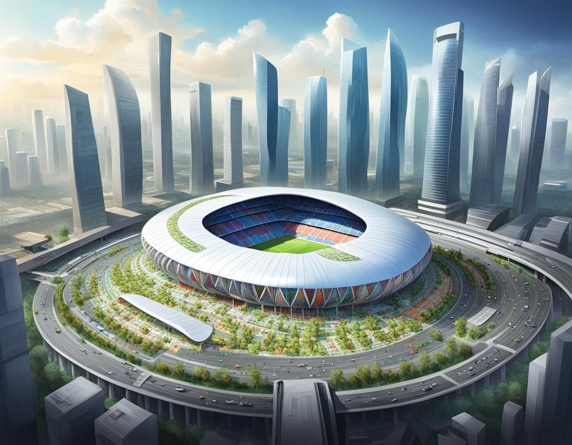 Futuristic Indonesian City with Integrated Football Stadium
