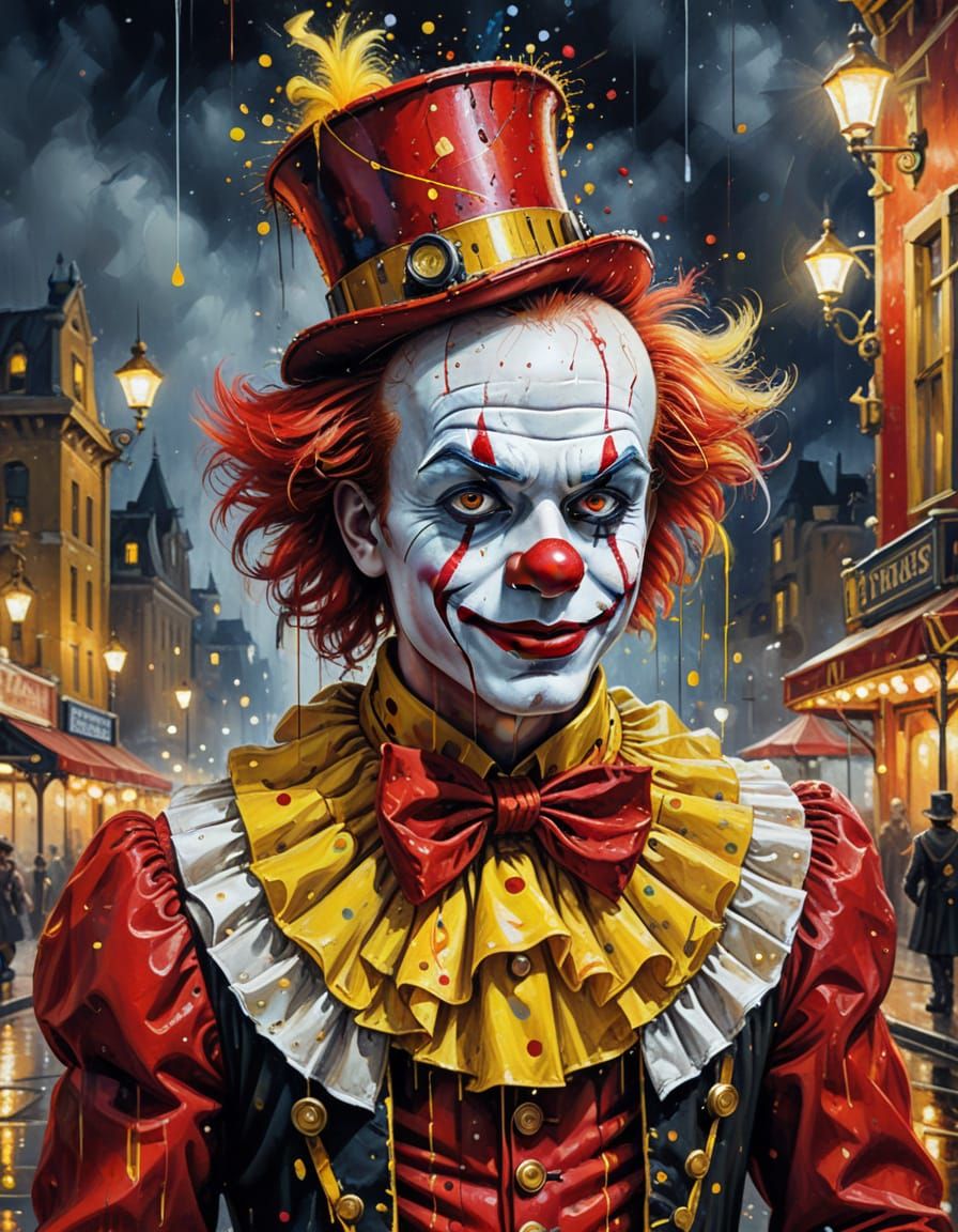 Steampunk Clown in Red Dress, Oil on Canvas