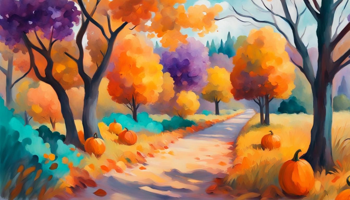 Autumn Path with Pumpkins in Gouache Style
