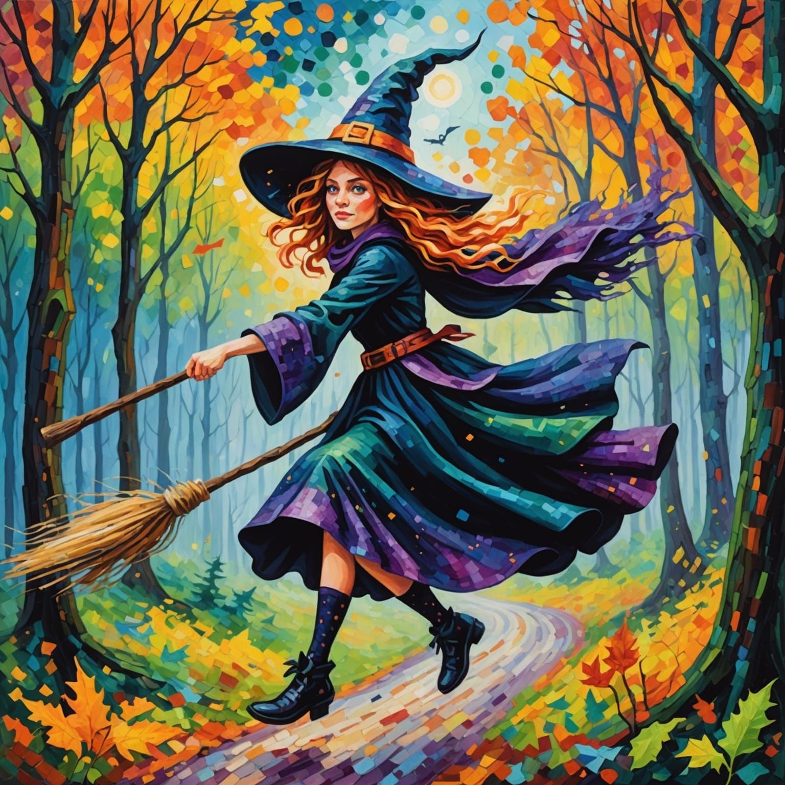 Whimsical Witch Flight in Pointillist Forest