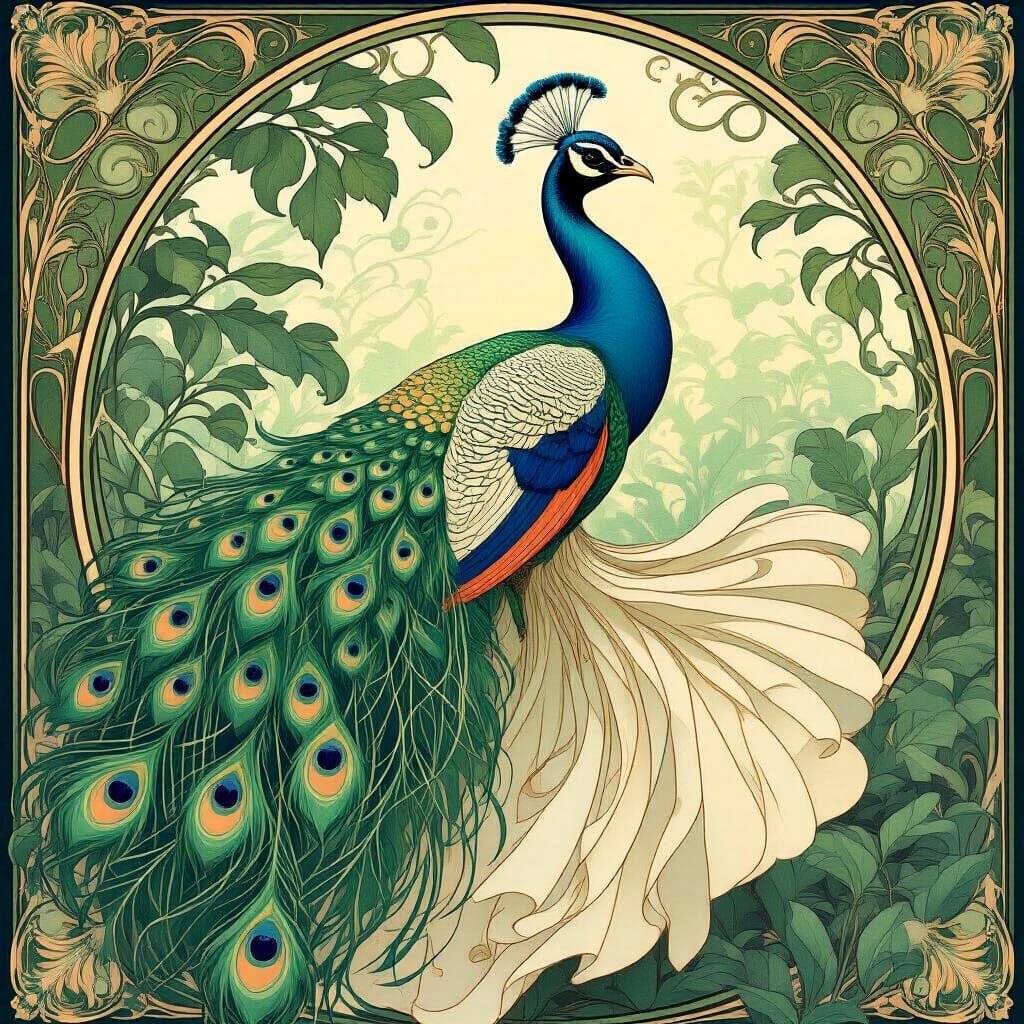 Peacock Dance in Art Nouveau Digital Art Style