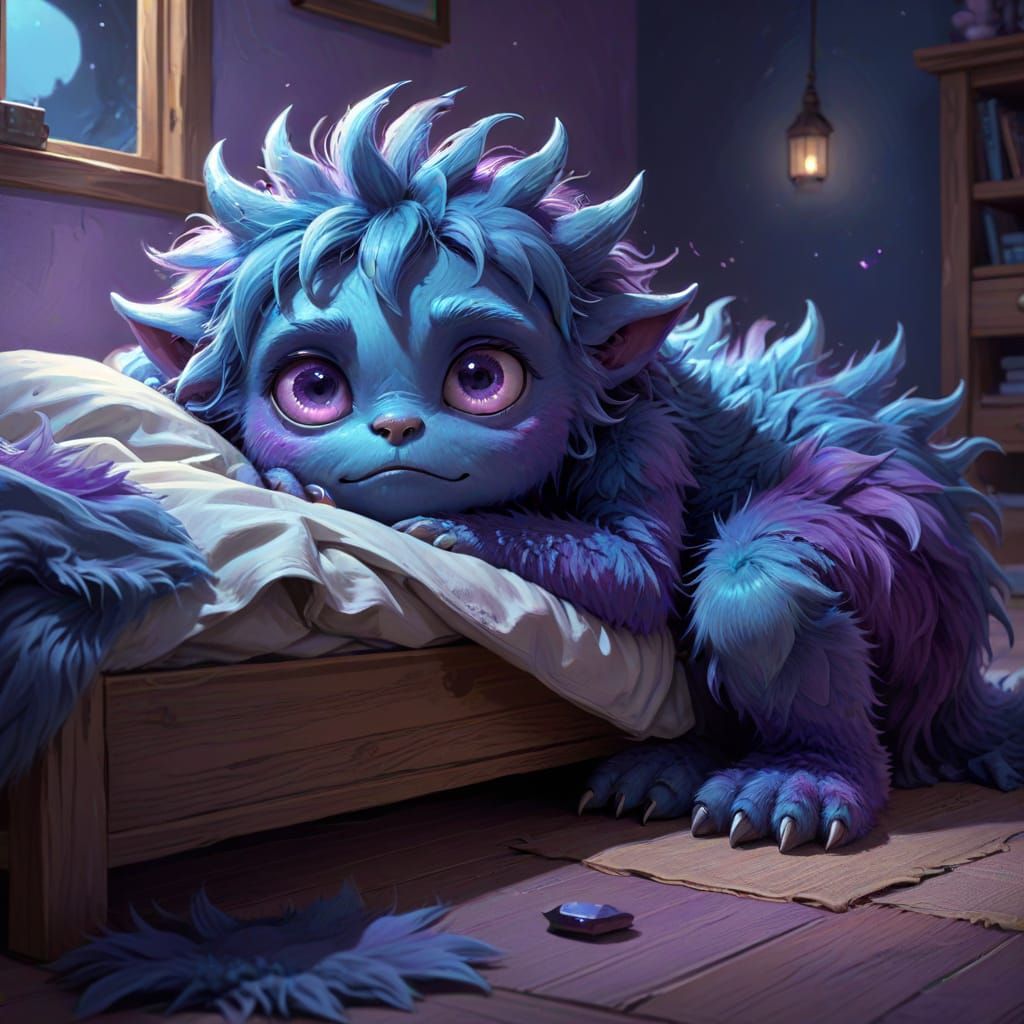 Shy Blue and Purple Monster Under Bed, Gentle Moonlight