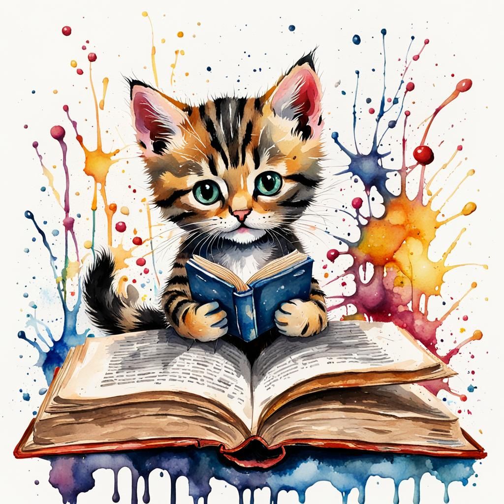Anthropomorphic Kitten Reading Book in Watercolor Style