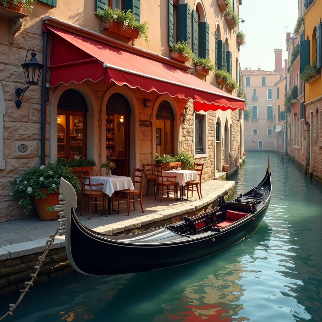 Venetian Canal Cafe With Gondola