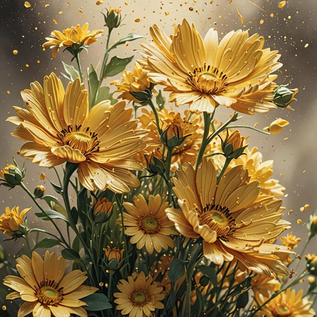 Hyperrealistic Yellow Flowers in Baroque Still-Life