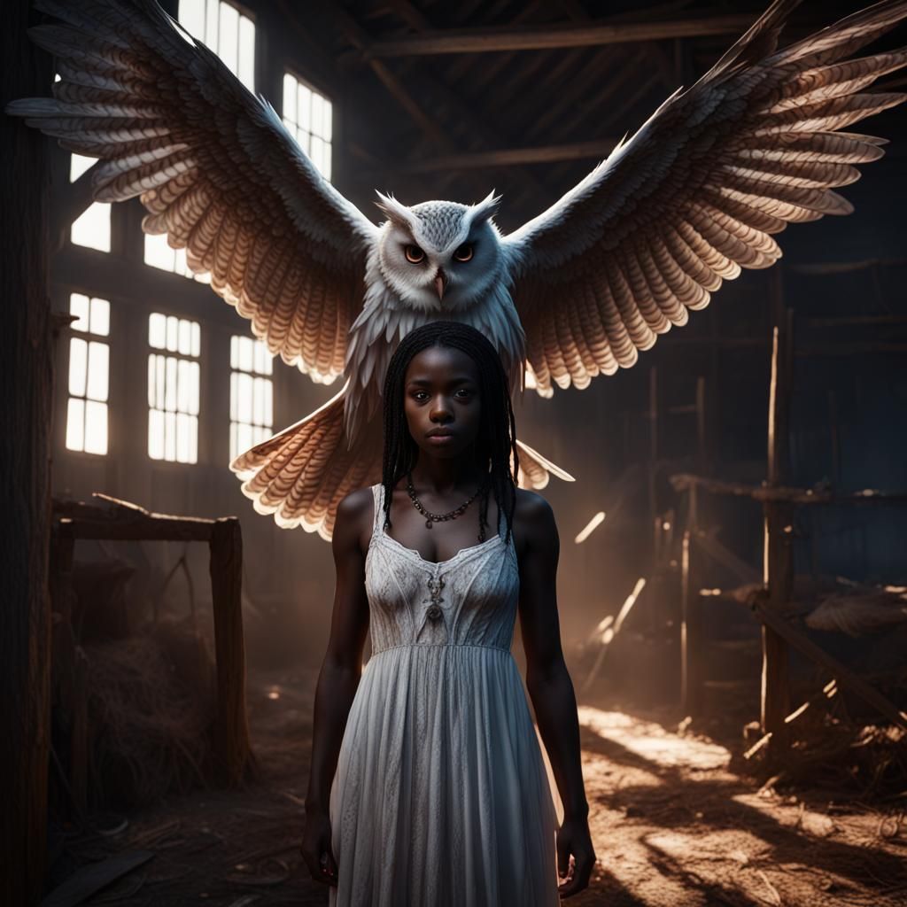 Intricate Dark Girl with Owl in Barn