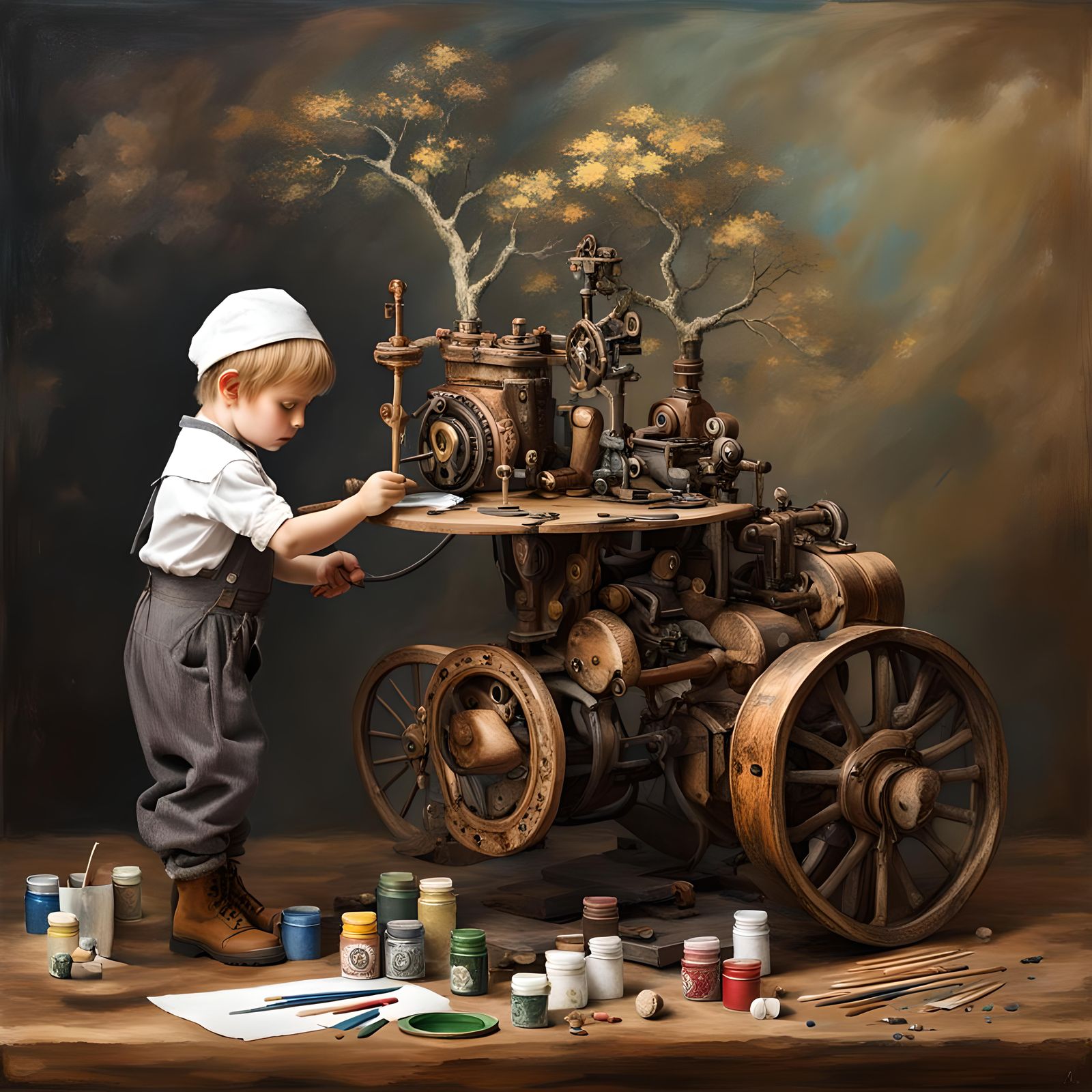 Tree Boy Paints Steampunk Engine in El Greco-Persian Style