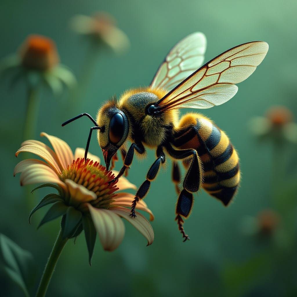 Decaying Bee Hovers Near Wilting Flower in Gothic Horror Sty...