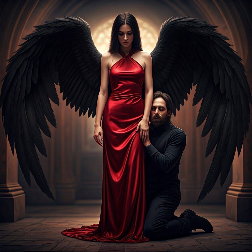Standing Angel and Kneeling Man in Red Satin and Black Wings