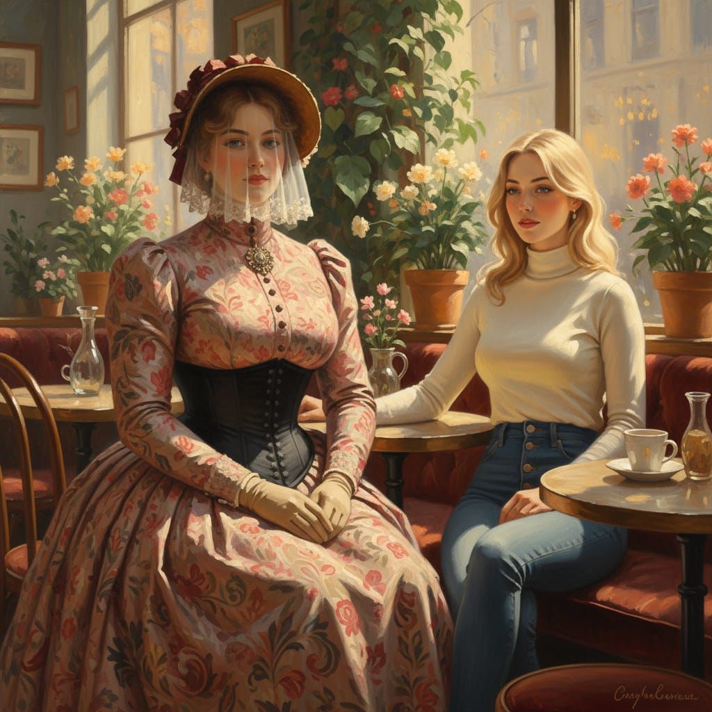 Victorian Women in Modern Cafe, Impressionist Style