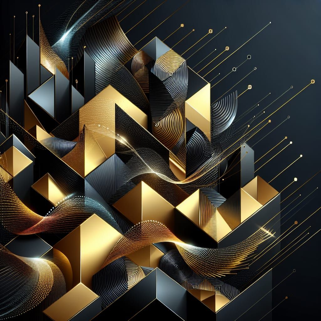 Gold and black metallic reflective, abstract pattern, sine wave, modern, geometric overlap layer background. Metalic ref...