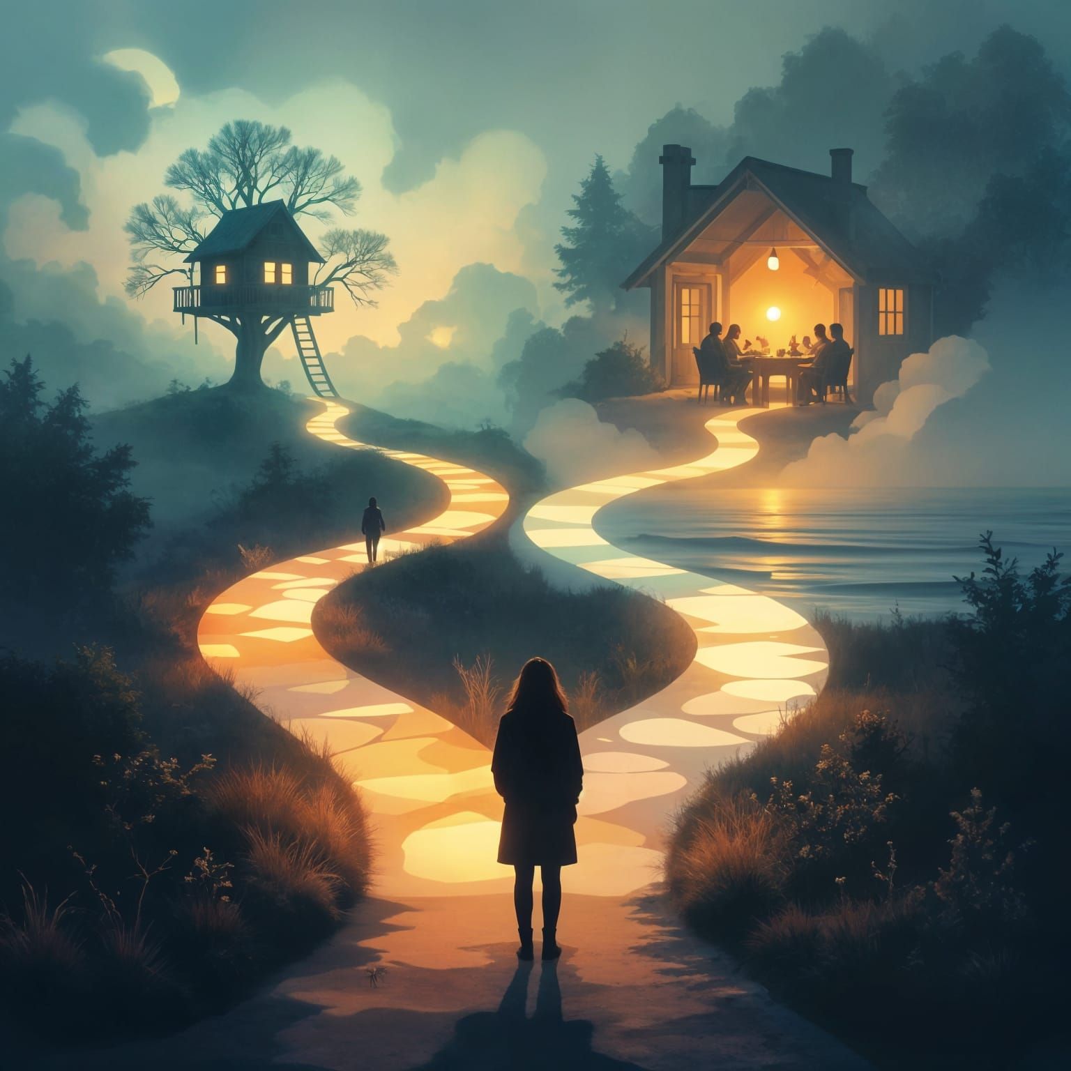 Ethereal Figure at Crossroads of Life's Pathways