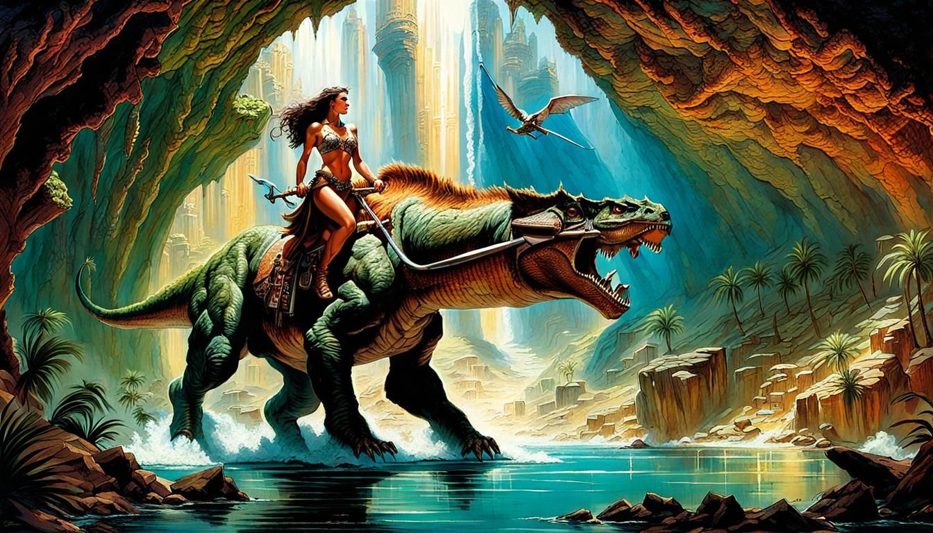 Cavewoman Rides Dinosaur in Dinotopia Scene