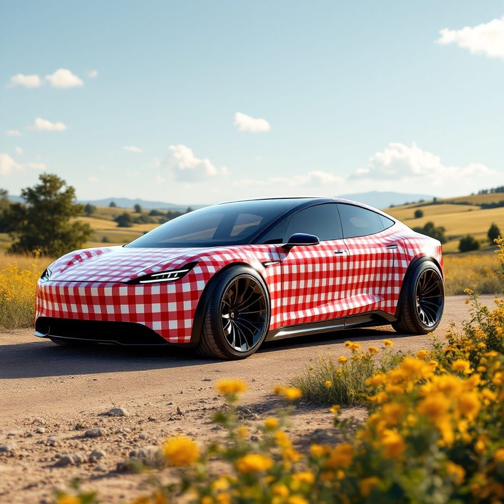 Gingham Pattern Adorns Futuristic Tesla Cybertruck in Idylli...