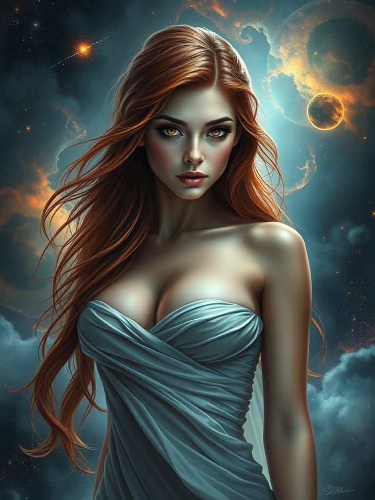 Stunning Woman in Cosmic Nebula, Allegorical Fantasy Art