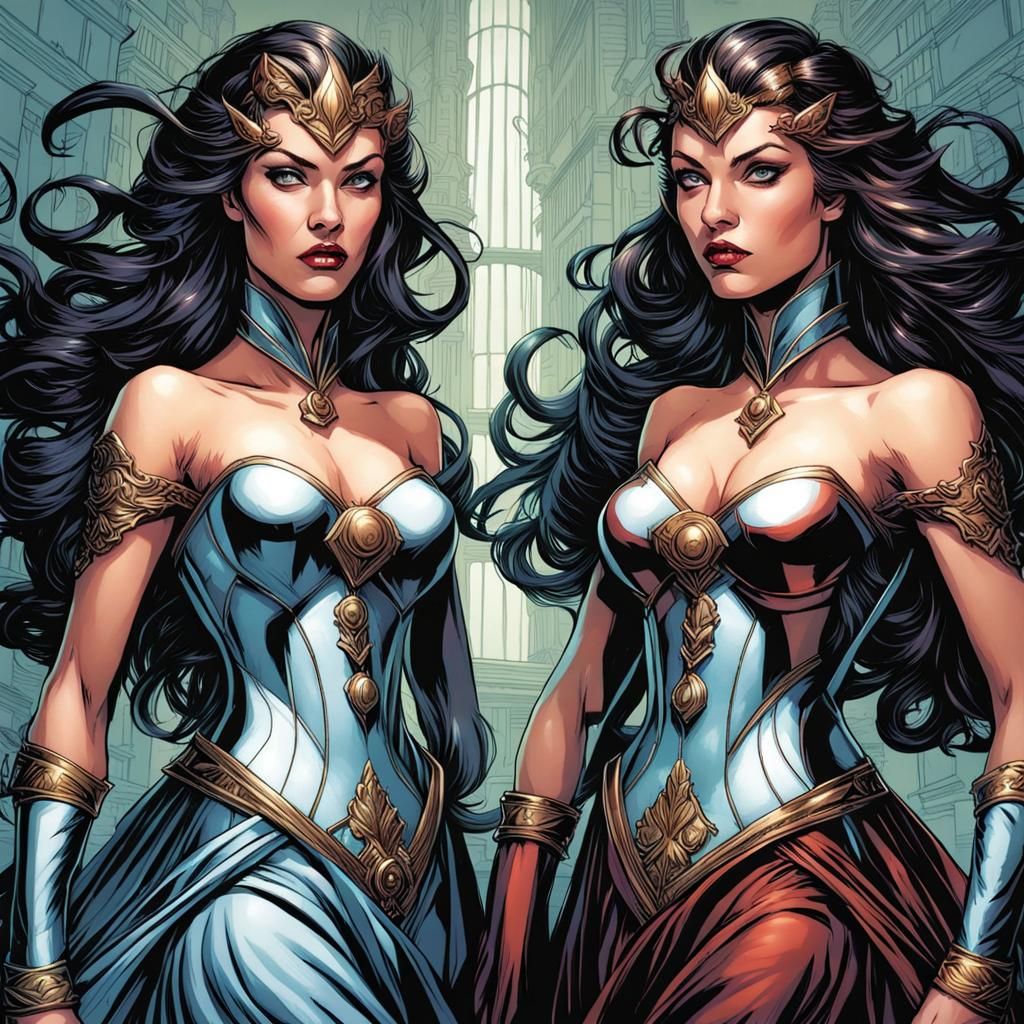 Twin Villainesses in Comic Book Art Style