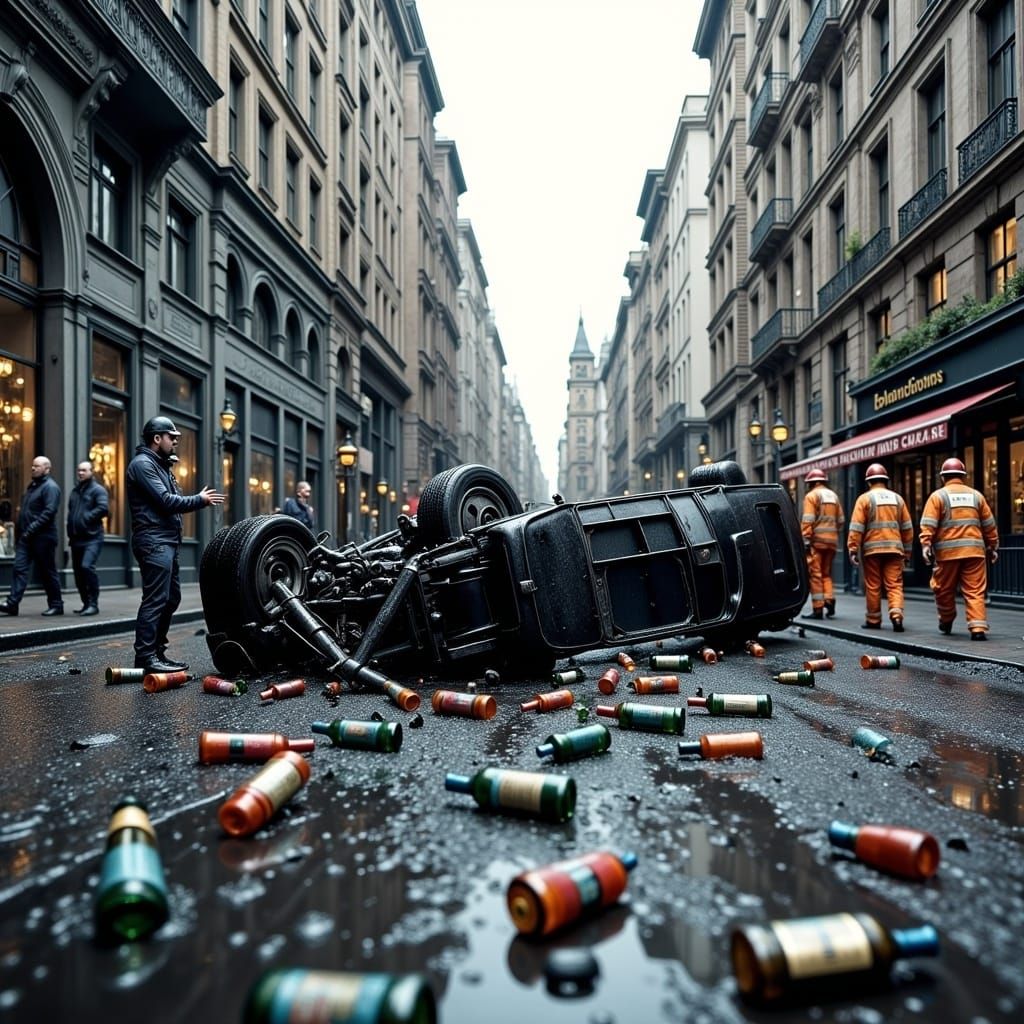 Overturned Car Scene on City Street