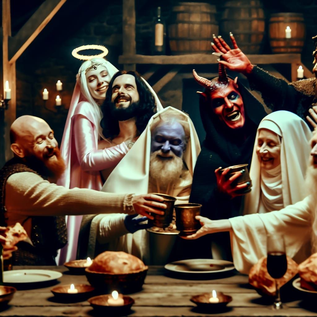 Medieval Tavern Scene of Mythical Unity