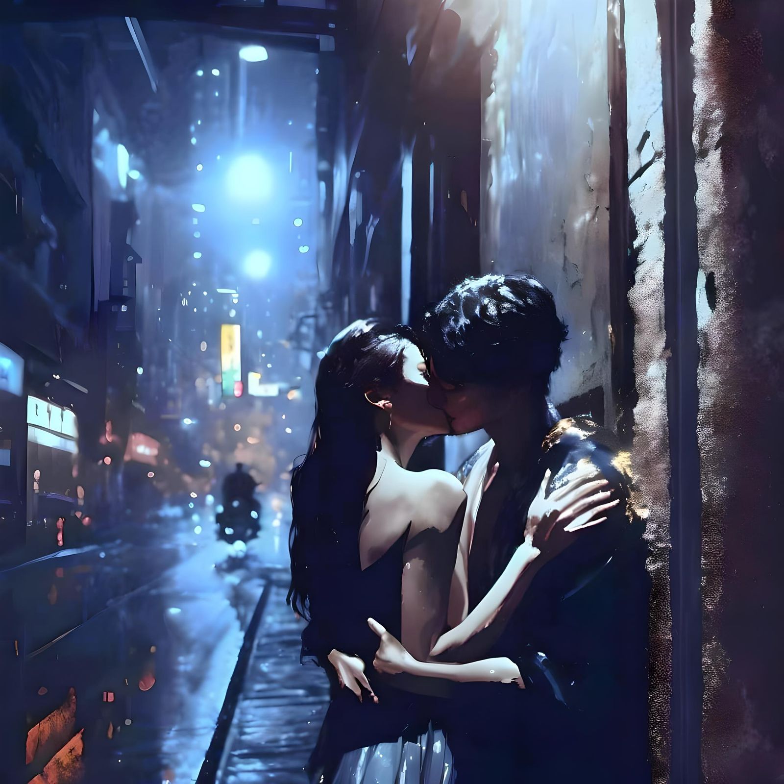 Romantic Kiss in Empty City Street, Anime Style