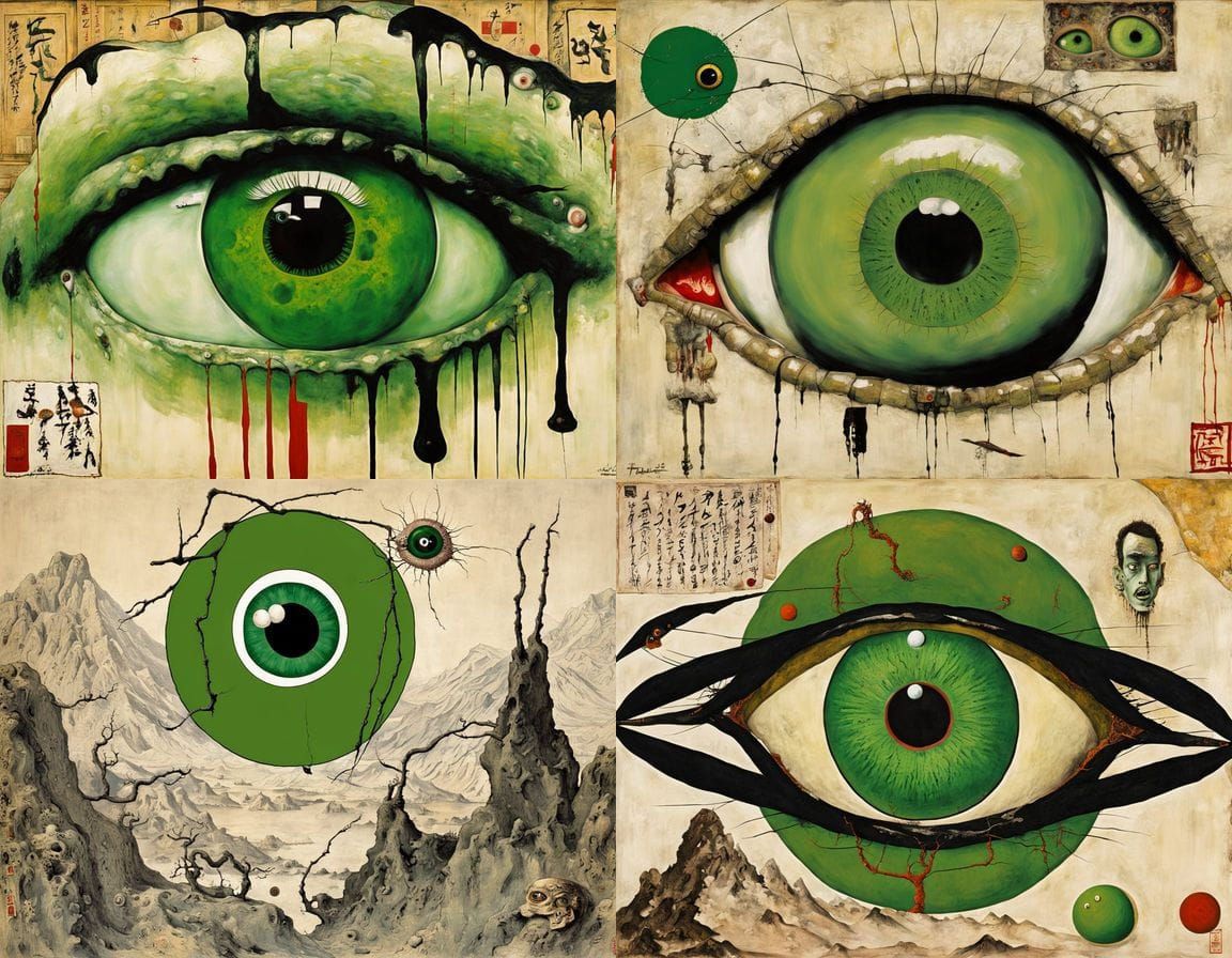 Surreal Japanese Art of Haunting Green Eyeball in Disturbing...