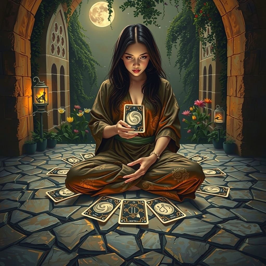 Surrealist Oil Painting of Woman With Tarot Cards