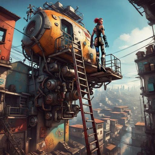 Cyberpunk Queen Ascends Above Industrial Favela
