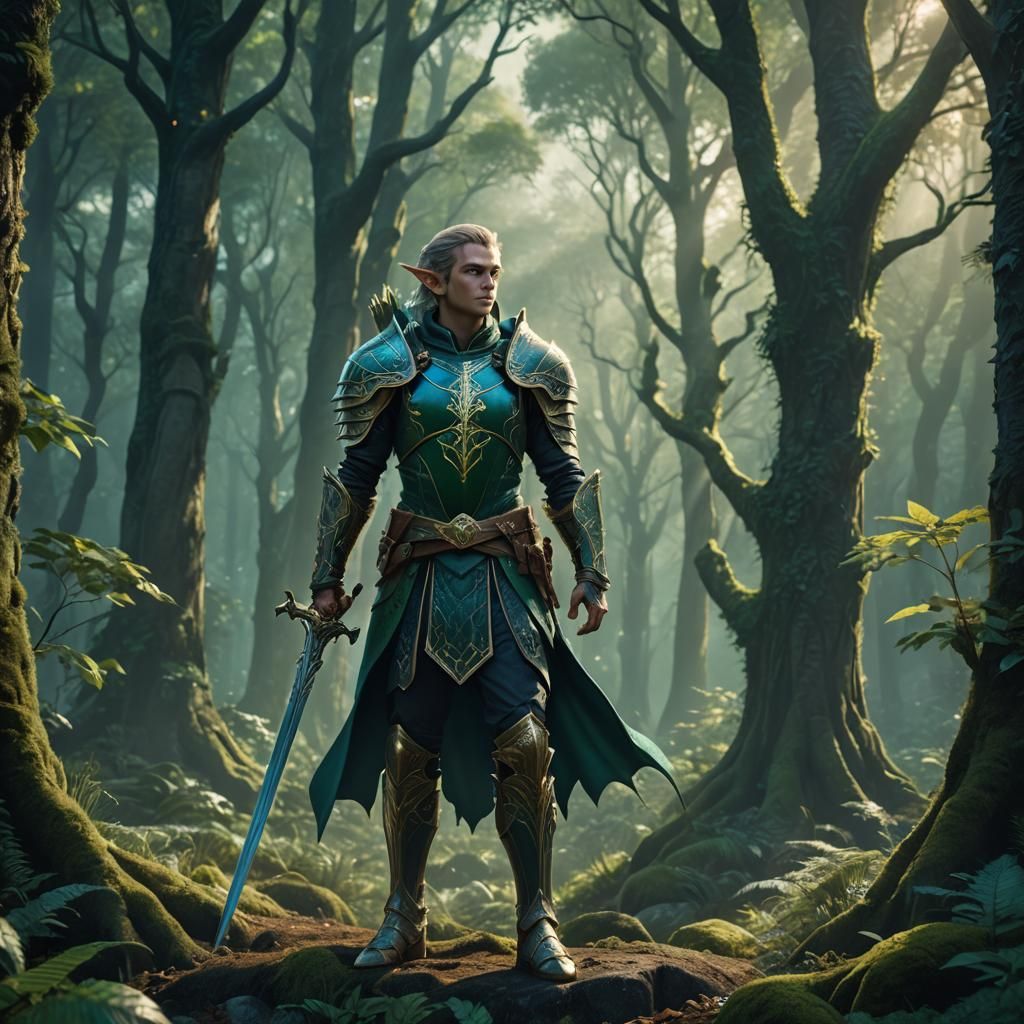 Battle Ready Elf in Mystical Forest, Art Deco