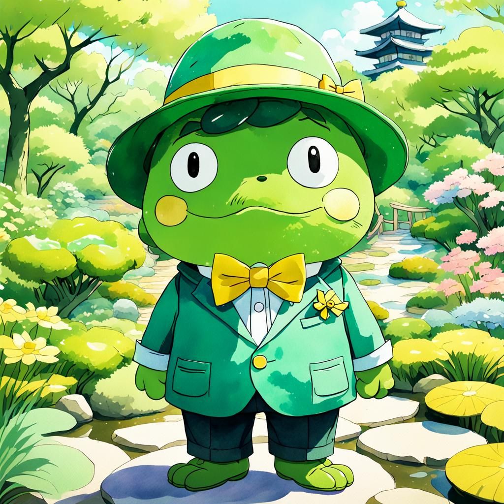 Keroppi in Japanese Garden, Vibrant Anime Style
