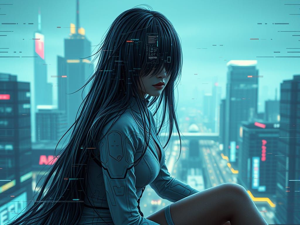 Futuristic Woman in Glitching Cityscape, Hyper Photorealisti...
