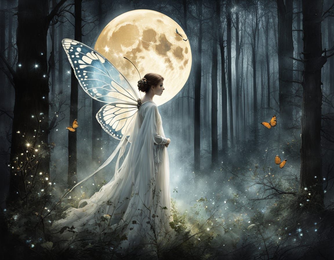 Magical Butterfly in Moonlit Woods, Illustrated Style